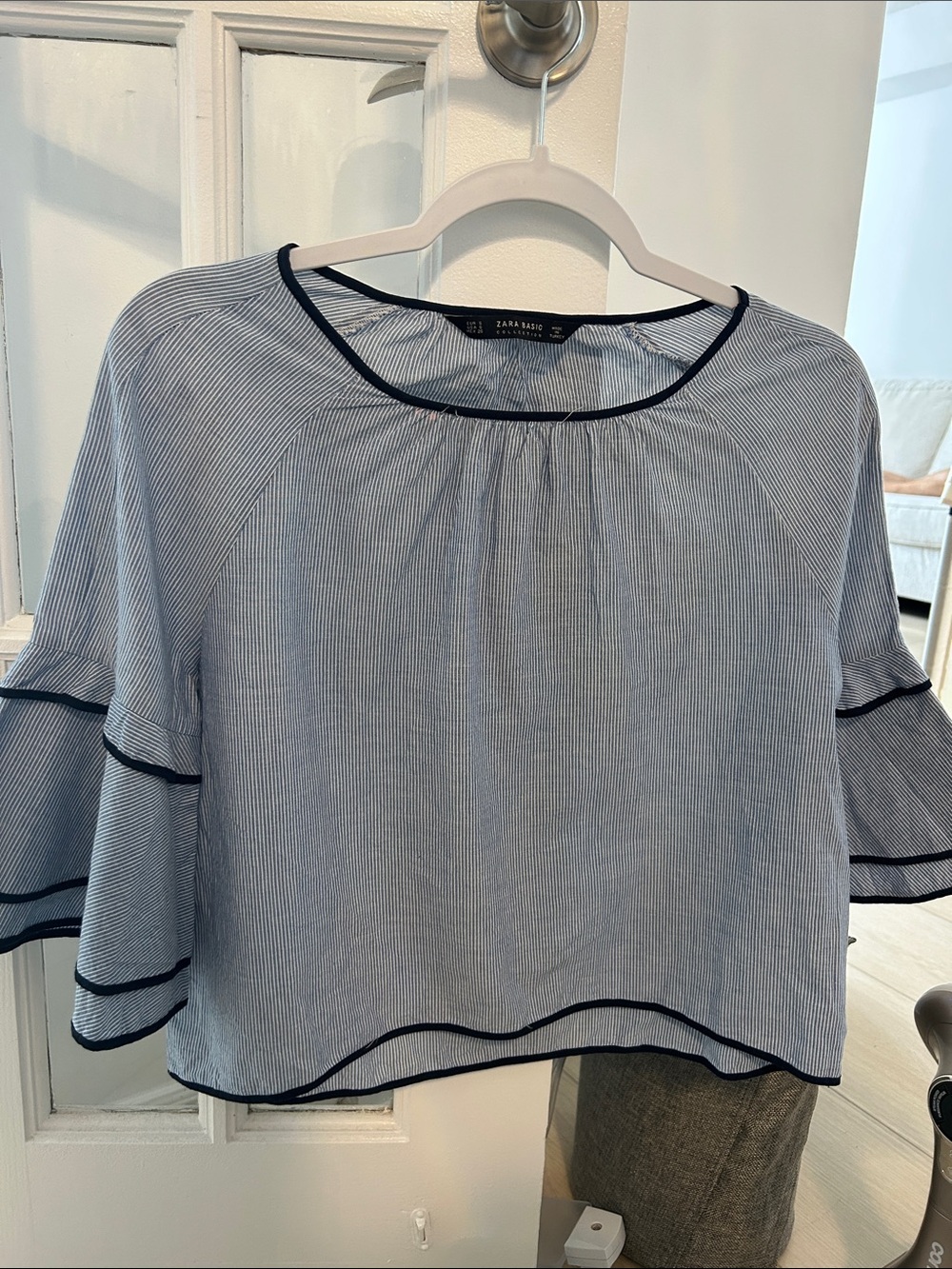 Zara Light Blue Pinstripe Ruffle Sleeve Blouse with Navy Trim